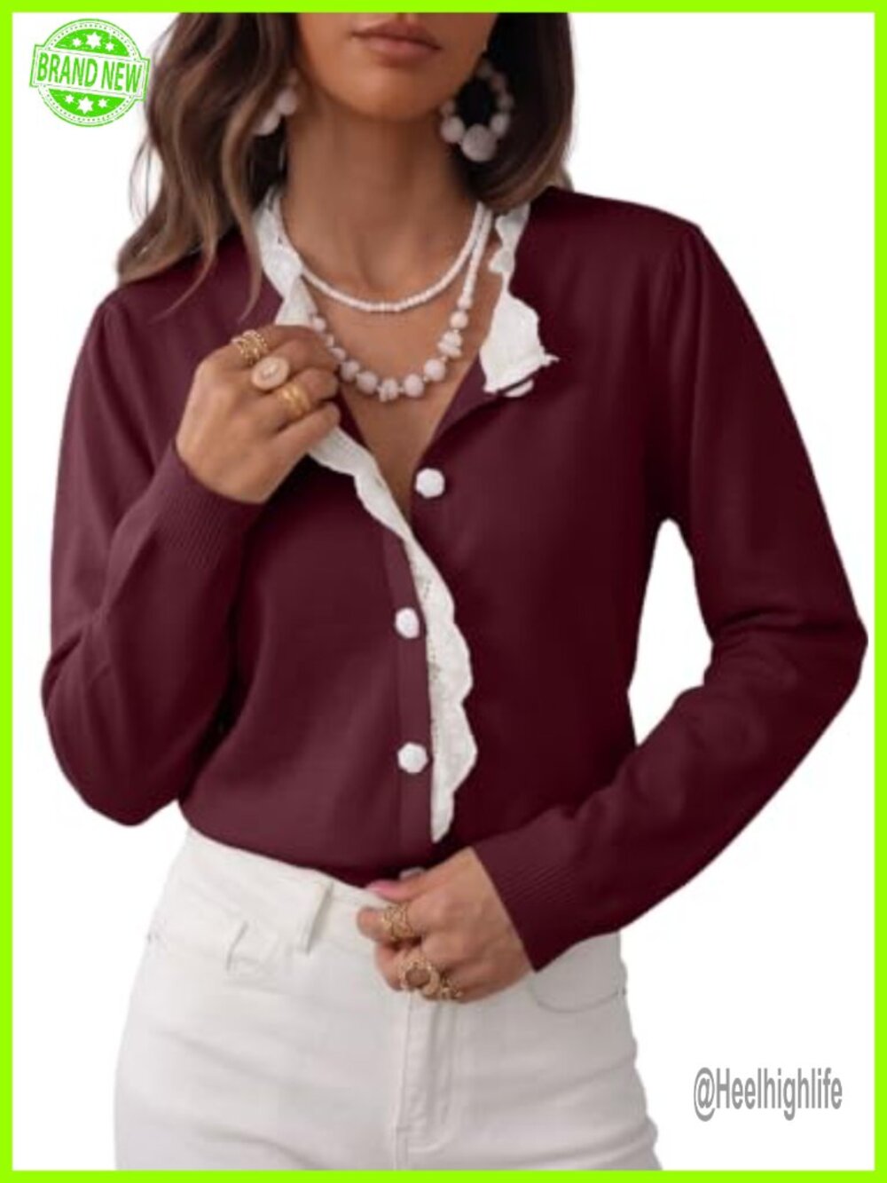 Womens Long Sleeve Lace Trim Button Down Cardigan Sweater